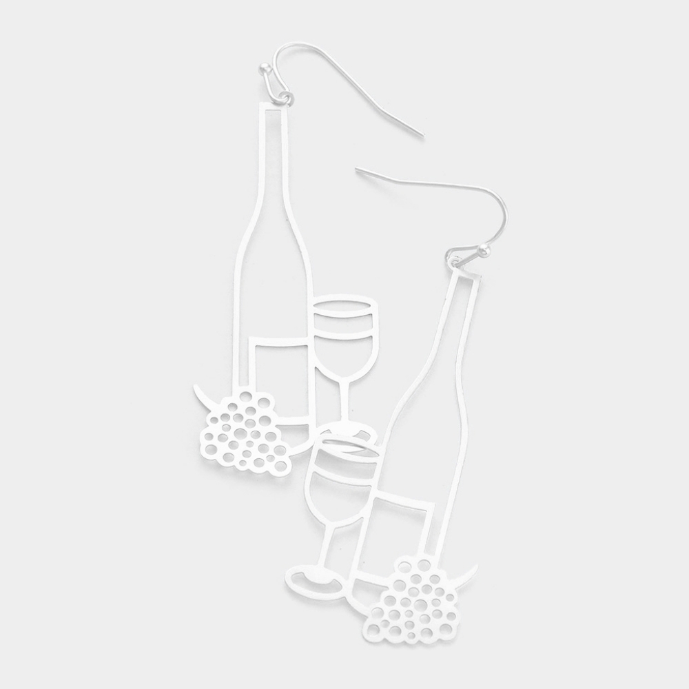 Silver Wine Bottle Grapes and Glass Cut Out Dangle Earrings Metal Fun Fashion